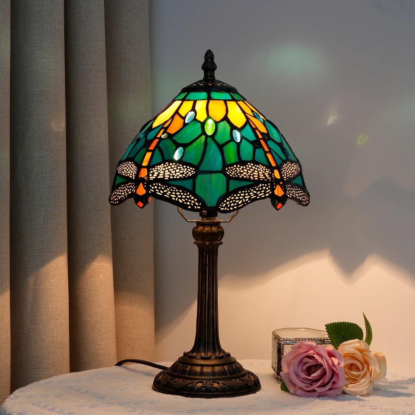 Vintage Stained Glass Table Lamp – 8 Inch French Rose Bedside Reading Lamp for Bedroom, Living Room & Office