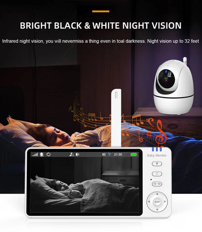 5 Inch Video Baby Monitor with Camera – PTZ Zoom Babyphone with Temperature Sensor, Lullaby & Free Shipping