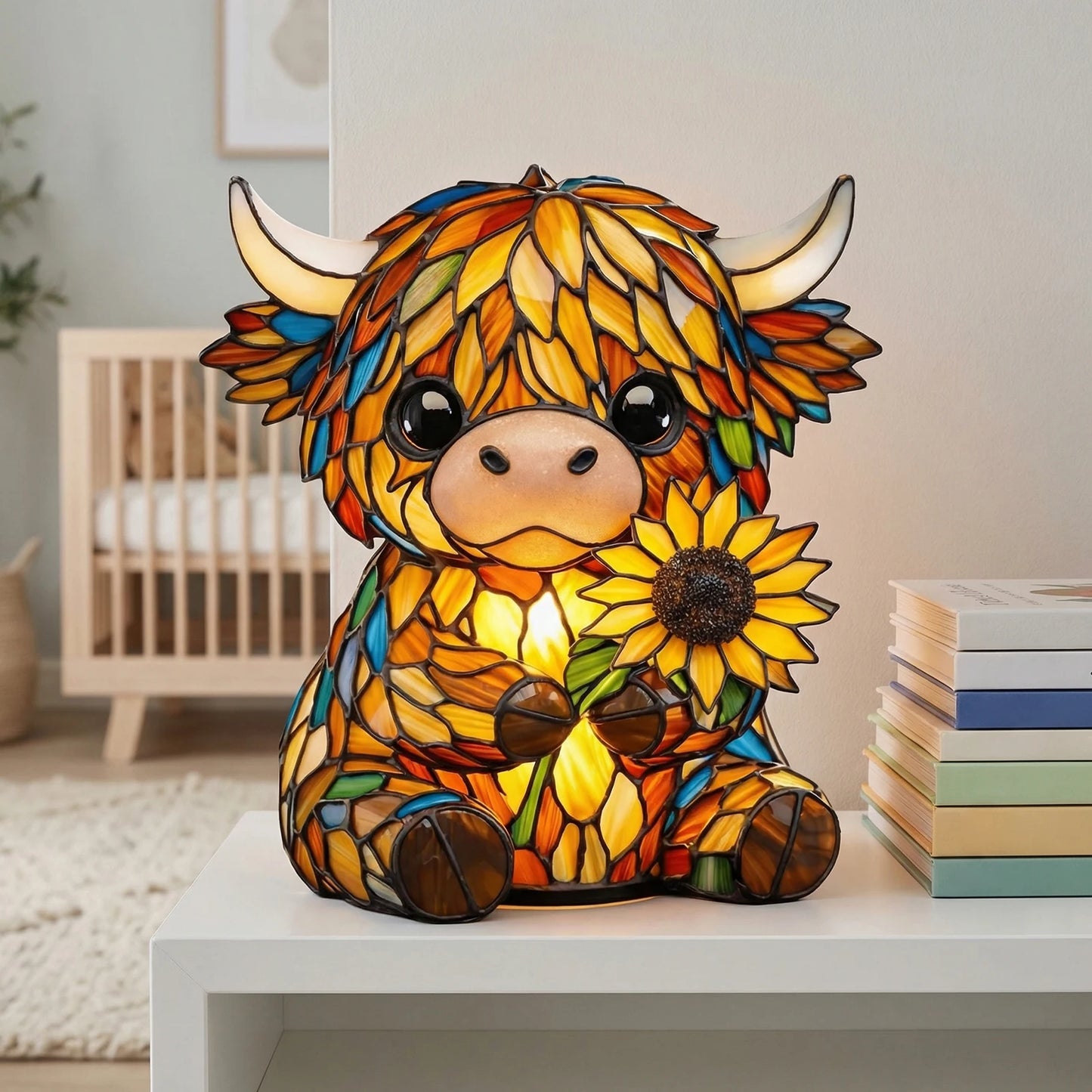 Sunflower Highland Cow LED Table Lamp – Cute USB Night Light for Bedroom, Kids Room & Cozy Home Decor