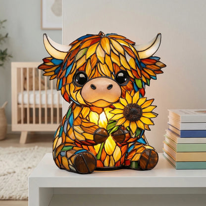 Sunflower Highland Cow LED Table Lamp – Cute USB Night Light for Bedroom, Kids Room & Cozy Home Decor
