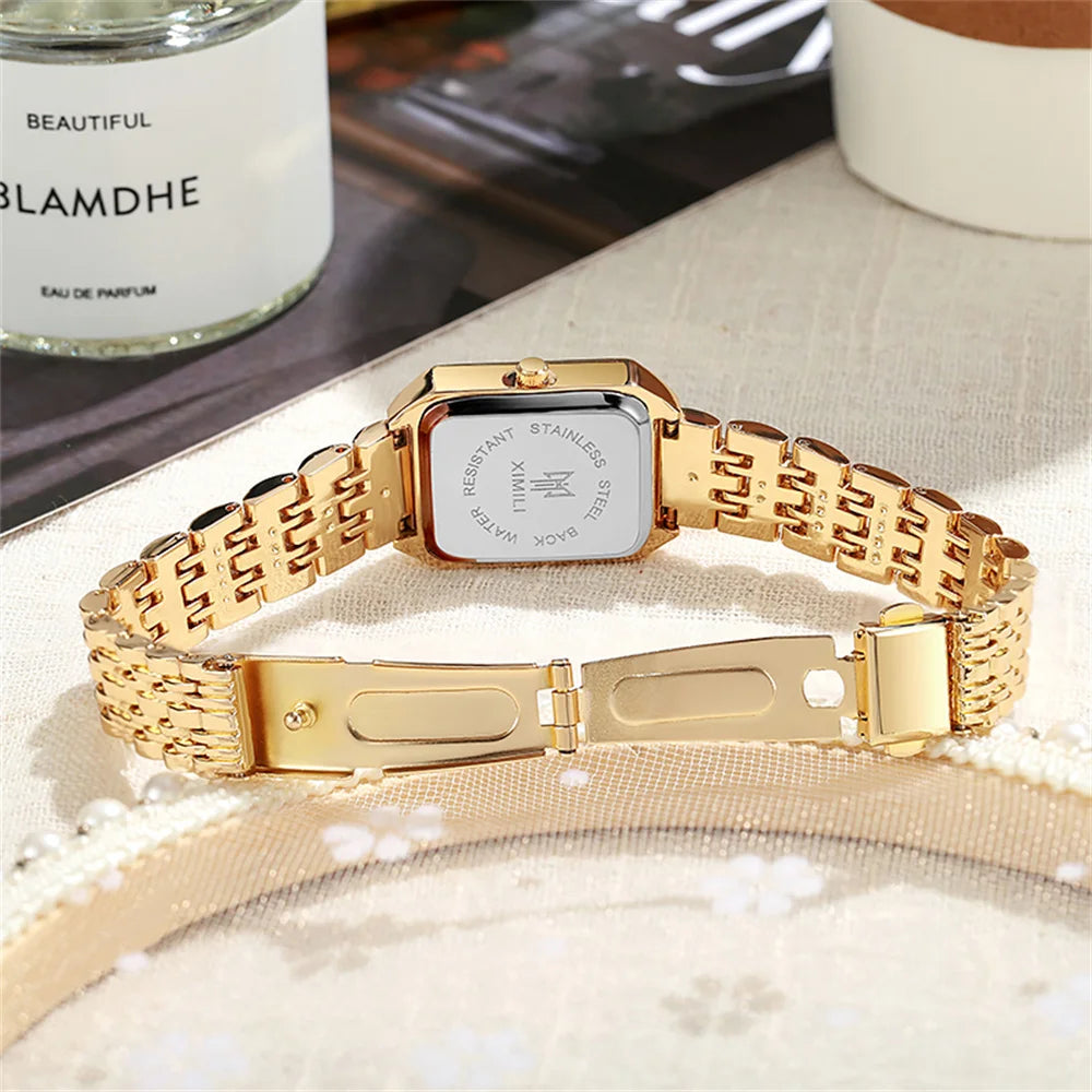 Luxury Women’s Quartz Watch – Gold Square Stainless Steel Fashion Watch with Free Shipping