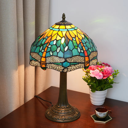 Green Yellow Dragonfly Stained Glass Table Lamp – 12 Inch Vintage Bedside Reading Lamp for Bedroom & Living Room