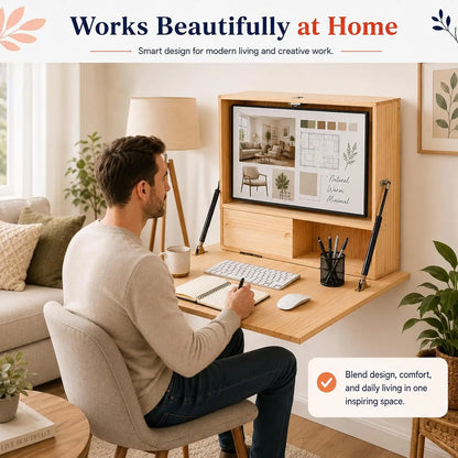 Wall Mounted Folding Desk with Storage & Monitor Mount