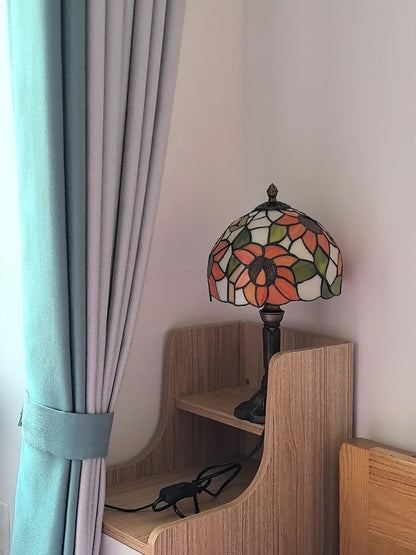 Vintage Stained Glass Table Lamp – 8 Inch French Rose Bedside Reading Lamp for Bedroom, Living Room & Office