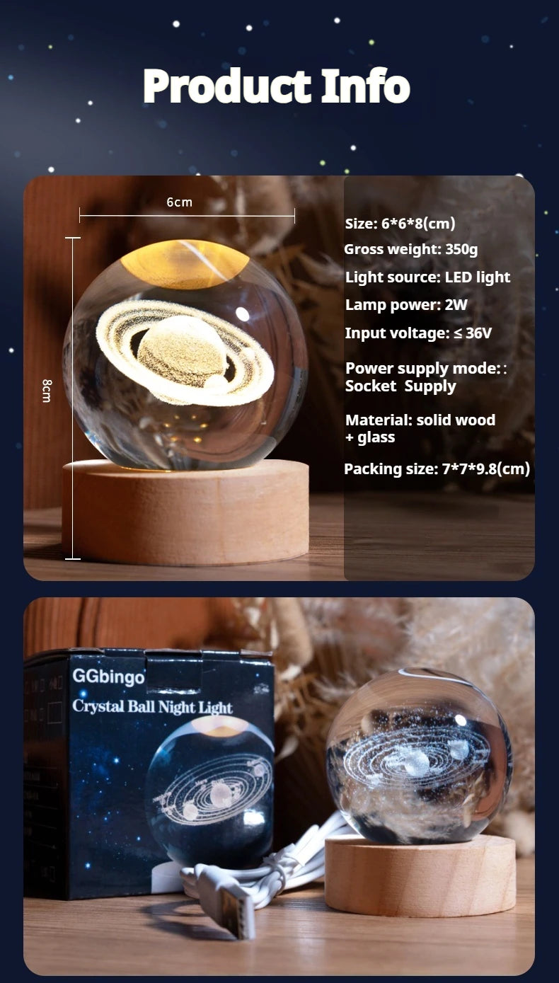 6cm 3D Crystal Ball Decoration 2026 Astronomy Solar System Planets Moon Astronaut LED Balls Home Snow Glass Globe Decorations