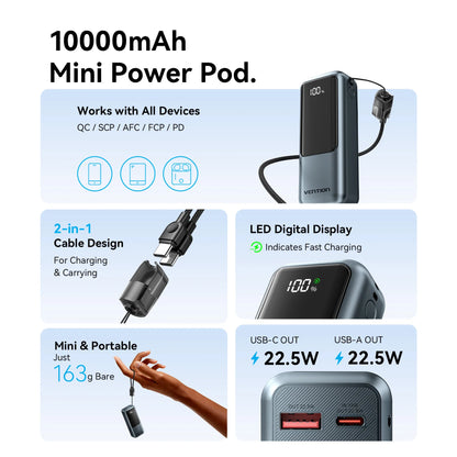 Vention 10000mAh Mini Power Bank – 22.5W Fast Charging Portable Charger with Built-in USB-C Cable & Free Shipping