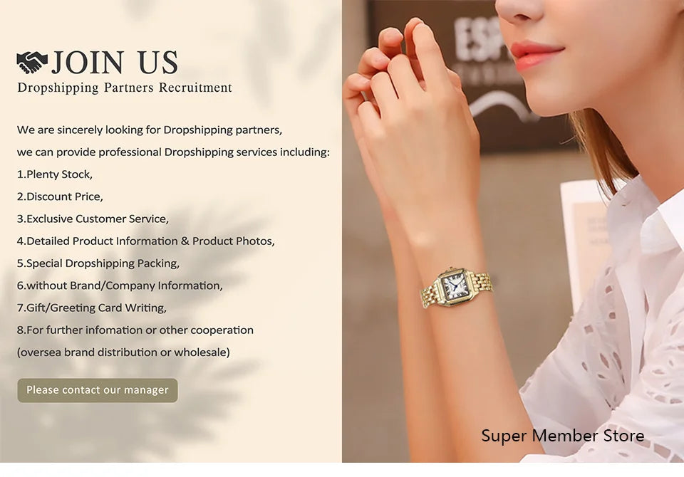 Luxury Women’s Quartz Watch – Gold Square Stainless Steel Fashion Watch with Free Shipping