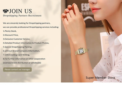 Luxury Women’s Quartz Watch – Gold Square Stainless Steel Fashion Watch with Free Shipping