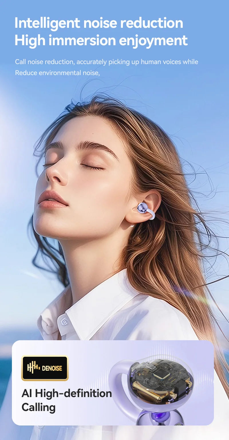 Open Ear Clip Wireless Earbuds – Bluetooth 5.4 ENC Noise Cancelling Headphones with Mic for iOS & Android