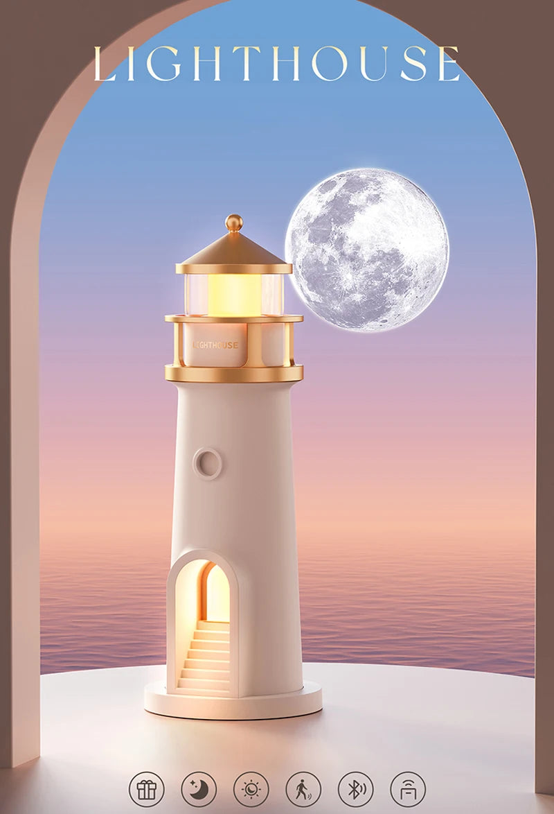 Motion Sensor Moon Projection Lighthouse Night Light – Rechargeable Bedside Lamp for Bedroom & Kids Room