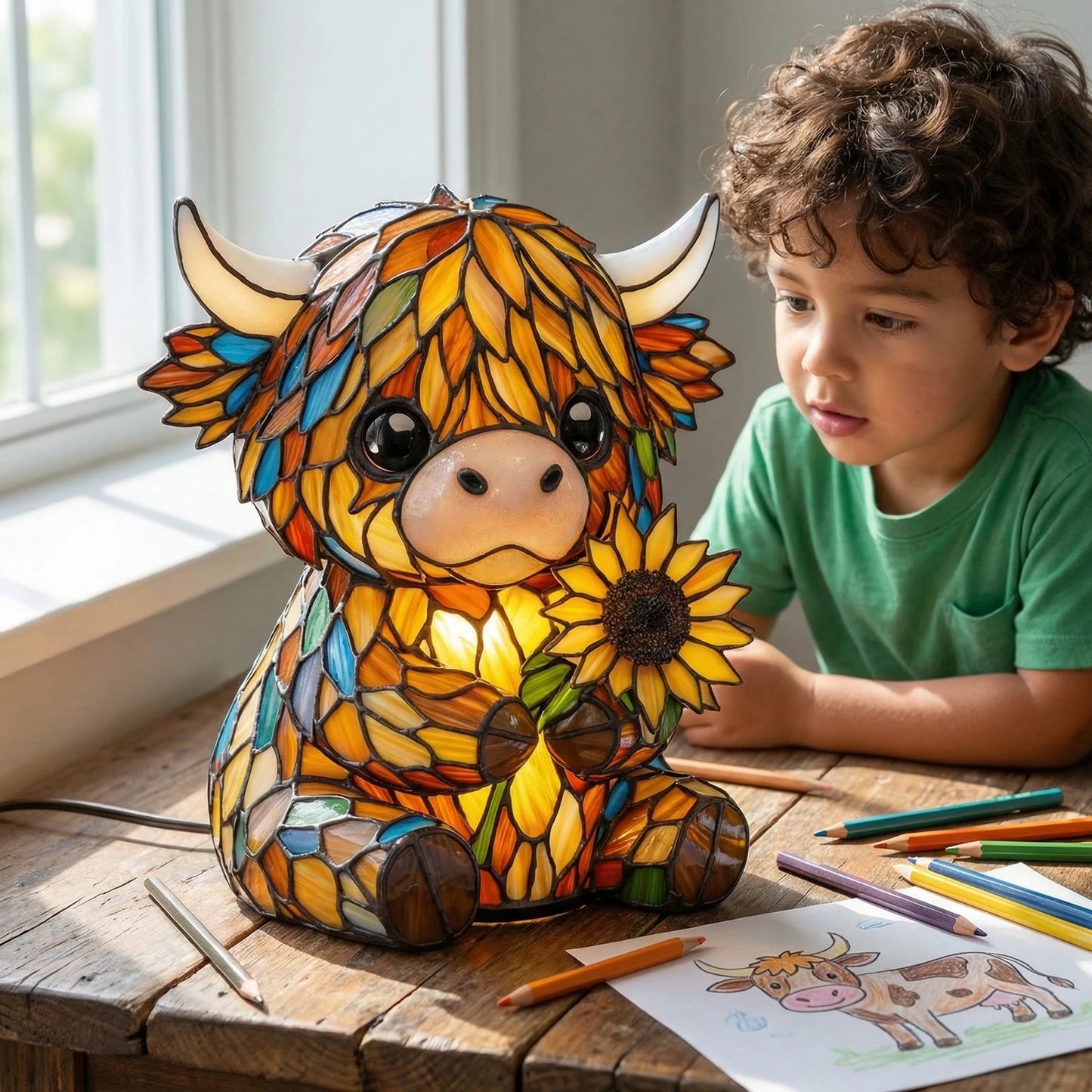 Sunflower Highland Cow LED Table Lamp – Cute USB Night Light for Bedroom, Kids Room & Cozy Home Decor
