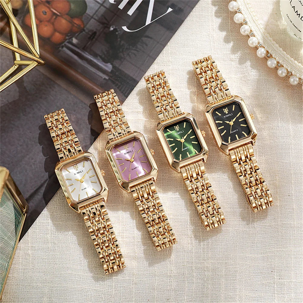 Luxury Women’s Quartz Watch – Gold Square Stainless Steel Fashion Watch with Free Shipping