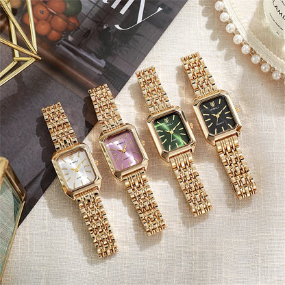 Luxury Women’s Quartz Watch – Gold Square Stainless Steel Fashion Watch with Free Shipping